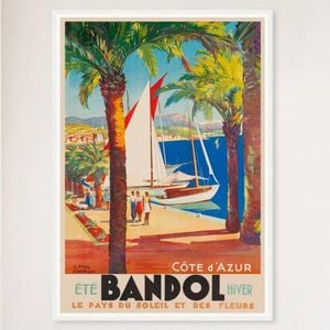 Galrie Bandol Land of Sun and Flowers Vintage Travel Poster from Cote d'Azur Artwork, White Frame, A2 42 x 60cm (16 x 24inch)