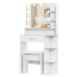 Advwin Dressing Table Set with LED Light, Drawer and Open Shelves, White