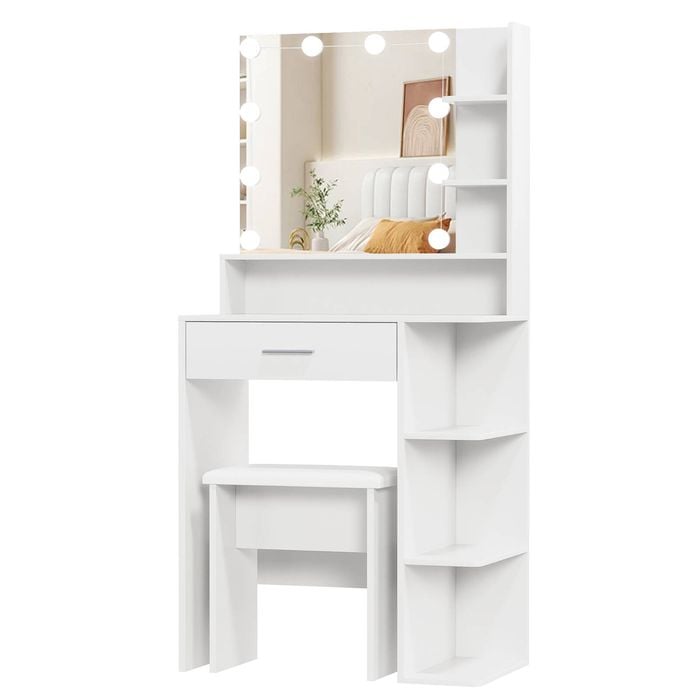 Advwin Dressing Table Set with LED Light, Drawer and Open Shelves, White