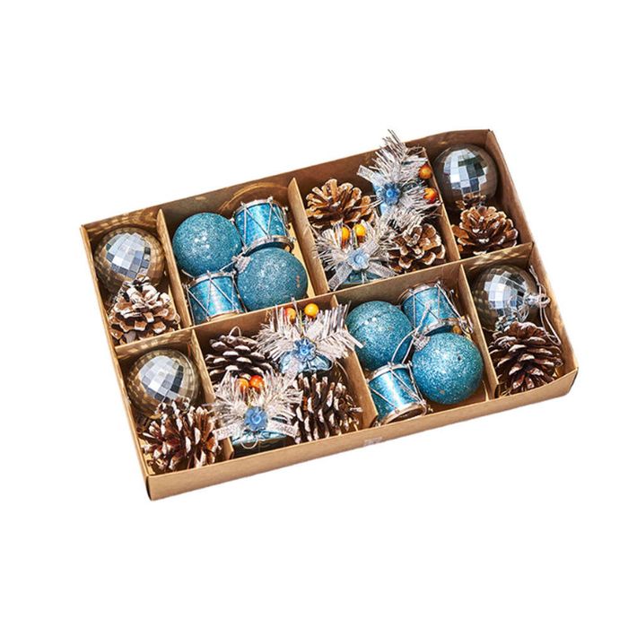 Catzon 24 Pcs Christmas Ball Ornaments Including Pine Cones & Gift Box & Drums for Xmas Decor-Blue