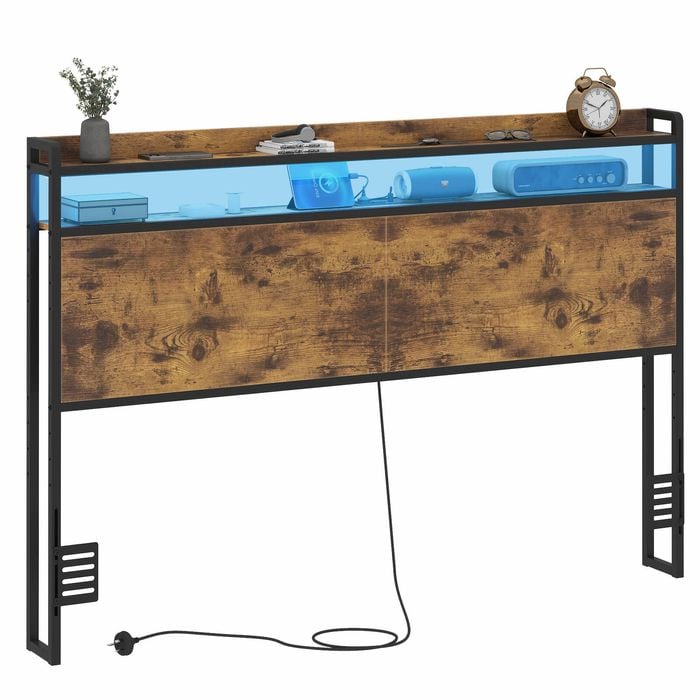 Advwin Queen Size Storage Headboard with LED Light Charging Station Height Adjustable Rustic Brown