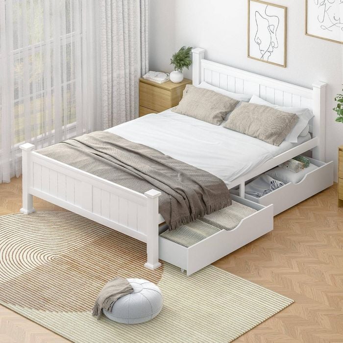 Oikiture Solid Pine Wood Bed Frame With 2 Trundle Drawers Double