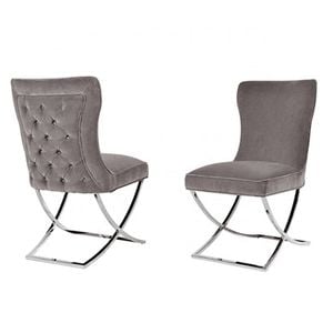 2x Dining Chairs Grey Fabric Upholstery Quilting Silver Colour Legs