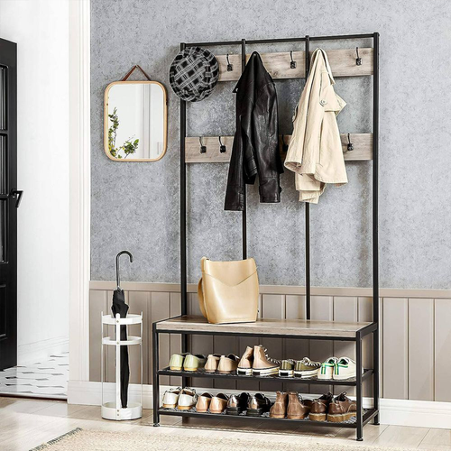 VASAGLE Coat Rack Stand with 12 Hooks and Shoe Bench, Greige and Black. I/N: 0386140