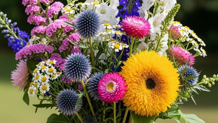Vibrant floral arrangement featuring a yellow sunflower, pink blooms, blue globe thistles and white daisies.