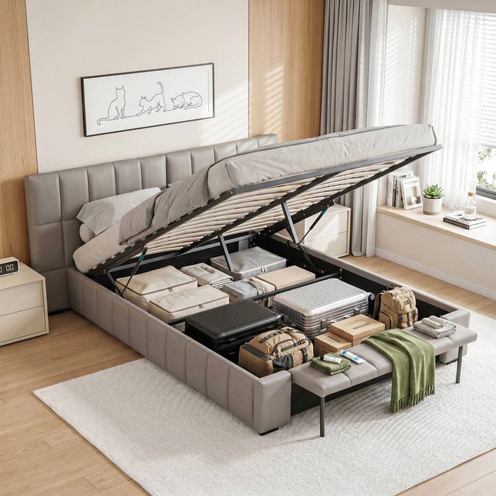 Artiss Queen Bed Frame with Gas Lift Storage Foldable Bench Platform Bed with Headboard
