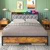 Ufurniture Double Bed Frame Metal Storage Headboard Shelf with Remote RGB LED Lights,Charging Station and USB Ports