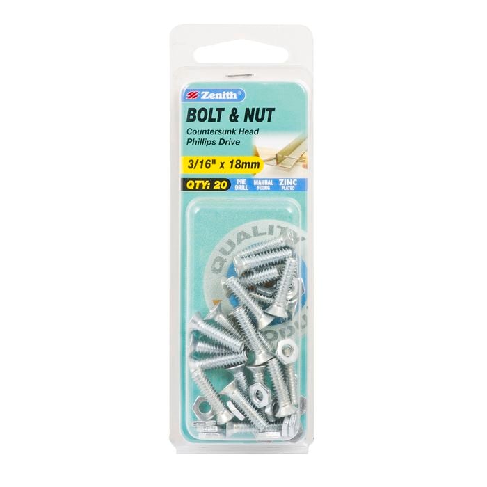 Zenith 3/16" x 18mm Zinc Plated Countersunk Bolt And Nut - 20 Pack