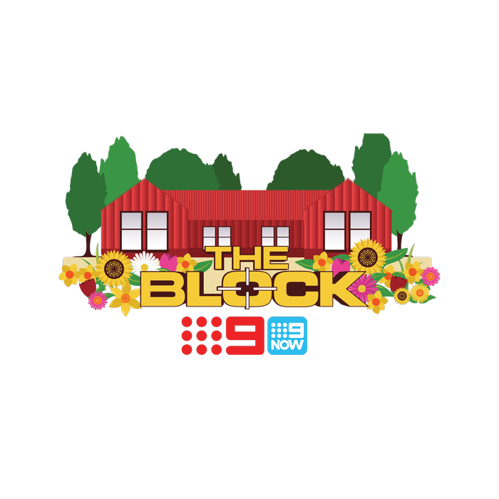 A red house with green trees behind it, the words The Block written in yellow writing, the number 9 in red with dots next to it and the number 9, the word now and dots next to it in blue writing.