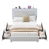 Advwin Double Bed Frame With Velvet Upholstered Headboard And Footboard 4 Storage Drawers Led Light Charging Station Beige