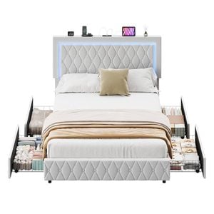 Advwin Double Bed Frame With Velvet Upholstered Headboard And Footboard 4 Storage Drawers Led Light Charging Station Beige