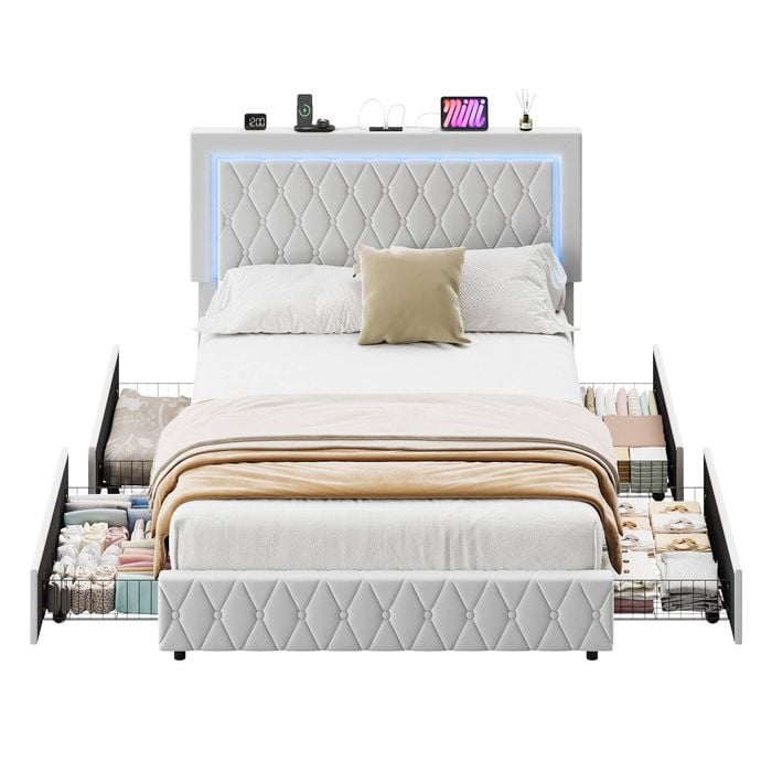 Advwin Double Bed Frame With Velvet Upholstered Headboard And Footboard 4 Storage Drawers Led Light Charging Station Beige