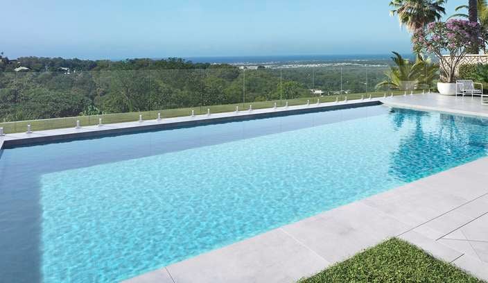 Pool with glass fence.