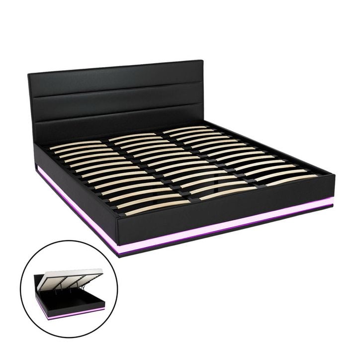 Artiss Bed Frame King Size LED Gas Lift Black LUMI