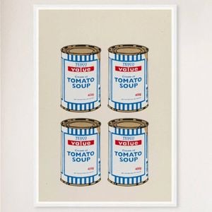 Galrie Banksy Four Soup Cans Art Print - Gold on Cream, 2005 Limited Edition, White Frame, A0 84 x 119cm (33 x 47inch)