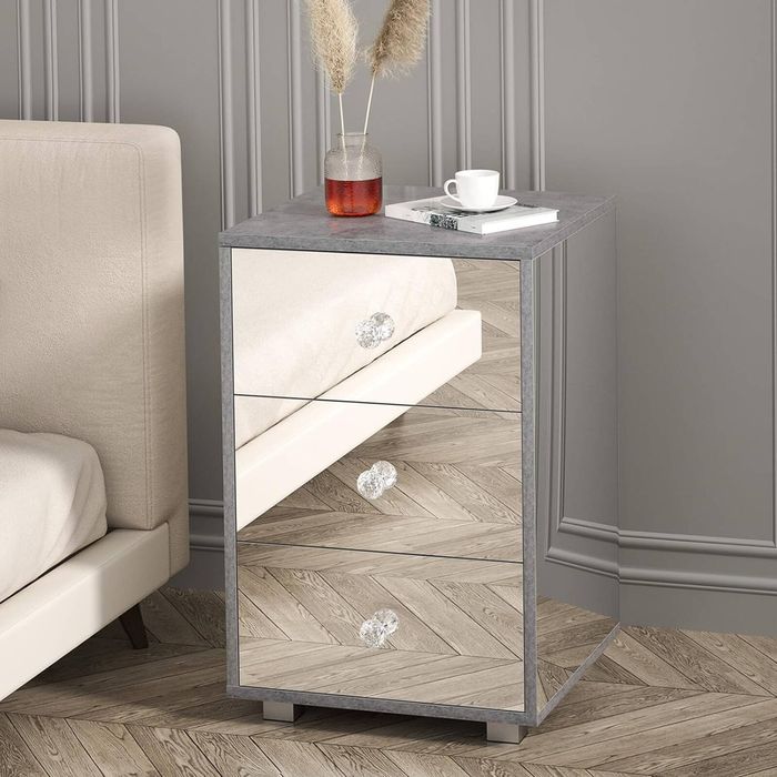 Ufurniture Mirrored Bedside Table 3 Drawers Nightstand Side Table Storage Cabinet for Bedroom