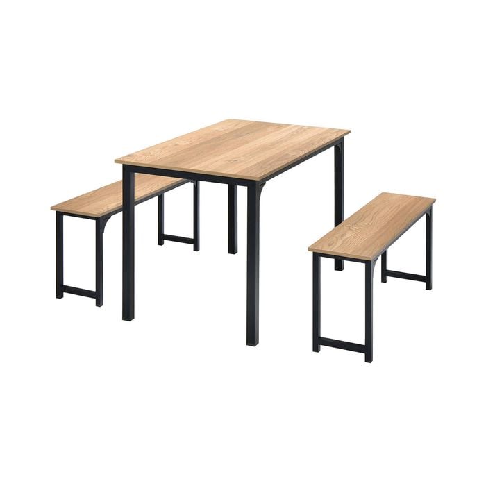 Costway 3PCS Wood Dining Table & Chairs Set Dining Furniture Set Steel Frame w/2 Benches, Natural