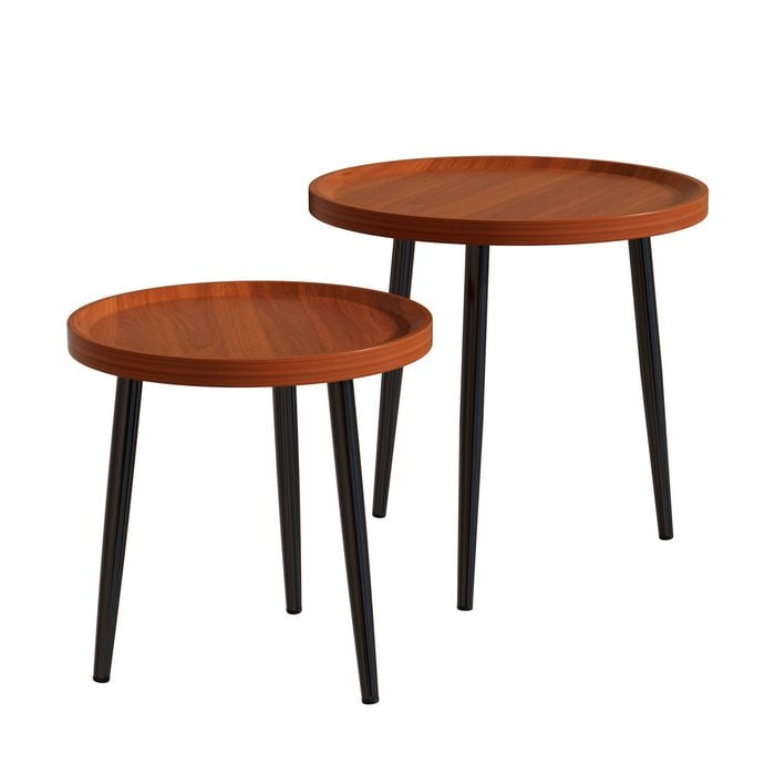 Ufurniture Nesting Coffee Table Set Of 2 Mid-century Small Round Side Tables For Living Room Balcony And Small Space Walnut