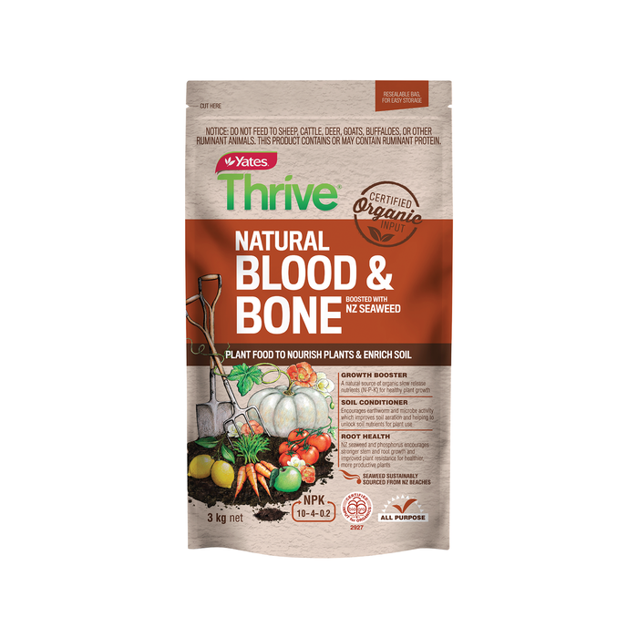 Yates Thrive 3kg Certified Organic Natural Blood And Bone Boosted With NZ Seaweed