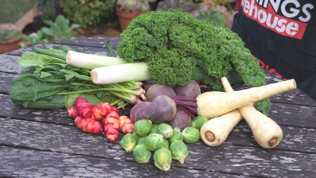 Fruit and veg including kale, parsnips, Brussel sprouts, beetroot, leeks.