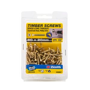 Zenith 8G x 20mm Brass Plated Hinge-Long Thread Countersunk Head Timber Screws - 100 Pack