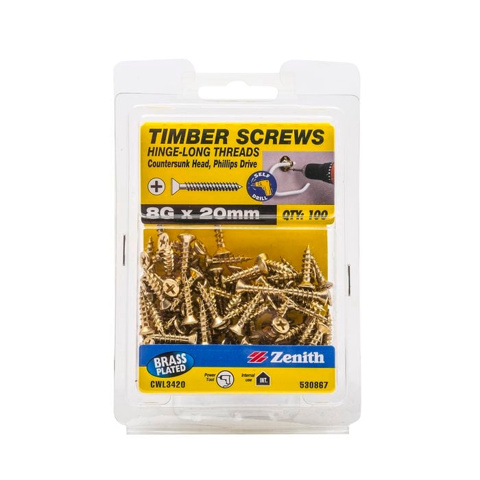 Zenith 8G x 20mm Brass Plated Hinge-Long Thread Countersunk Head Timber Screws - 100 Pack