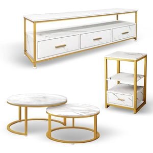 Foret Marble Tv Unit Side Cabinet Nesting Tables Set White Gold Metal Frame