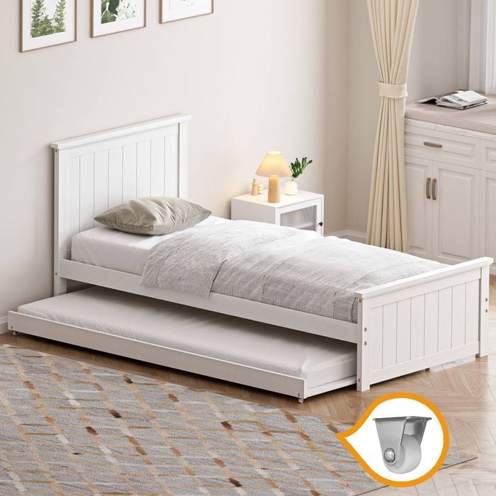 Oikiture Trundle Bed Frame Single Size Beds Base Wooden Daybed White