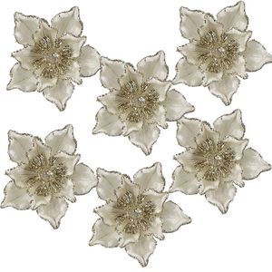 Catzon 6 Pcs Sparkling Poinsettia Flowers 7 Inches Christmas Decor-White