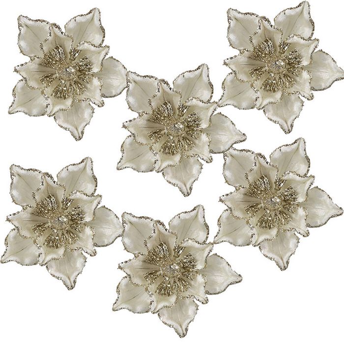 Catzon 6 Pcs Sparkling Poinsettia Flowers 7 Inches Christmas Decor-White