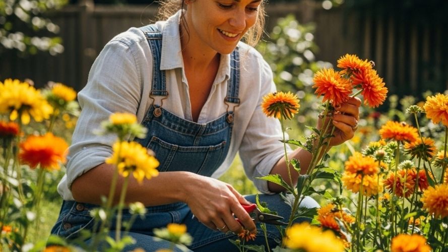 Woman wearing denim overalls pruning vibrant orange and yellow flowers with secateurs in a sunny garden.