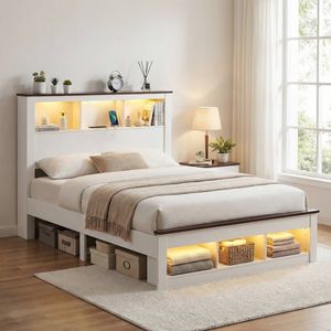 Artiss Double Storage Bed Frame White Wooden Platform With Usb And Led Light