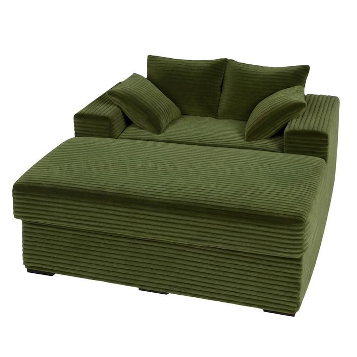 Advwin 148cm Sofa Bed w/ Storage Ottoman Corduroy Chaise Lounge Chair Oversized Sleeper Couch Green