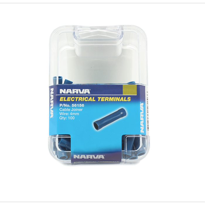 Narva 4mm Blue Butt Splice Flared Vinyl Fully Insulated Cable Joiner - 100 Pack