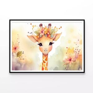 Baby Giraffe in Flower Garden  Print 100% Australian Made 90x60cm  (Poster)