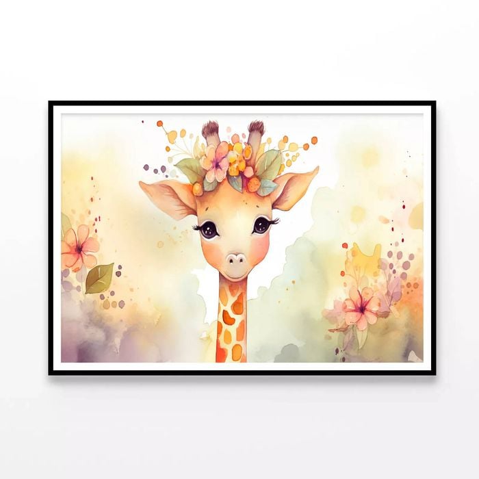 Baby Giraffe in Flower Garden  Print 100% Australian Made 90x60cm  (Poster)