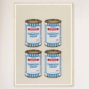 Galrie Banksy Four Soup Cans Art Print - Gold on Cream, 2005 Limited Edition, Wood Frame, 50 x 70cm (20 x 28inch)