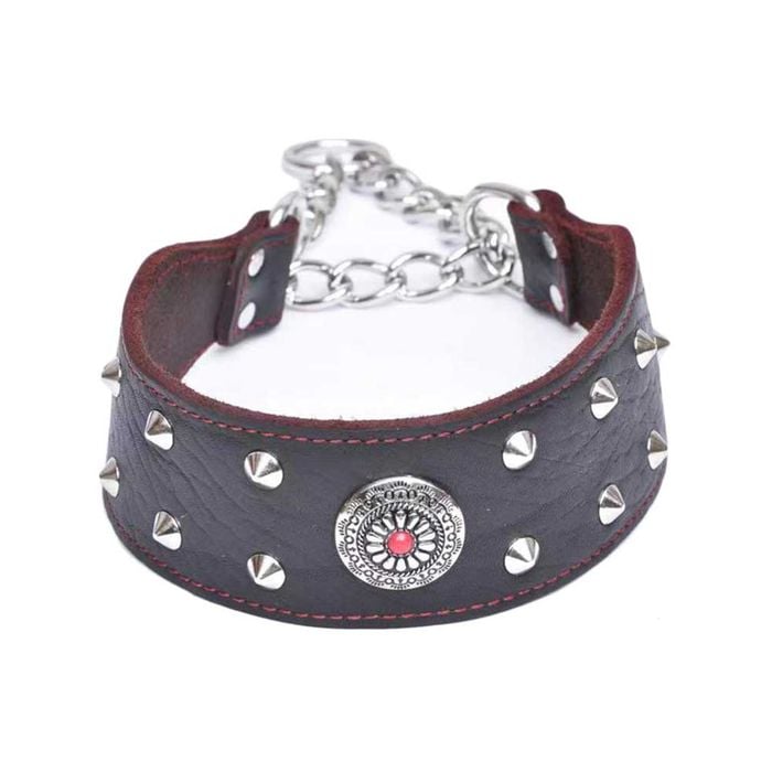 CottonMore Top Quality Handmade Genuine Leather Adjustable Chain Studded Dog Collar - Medium