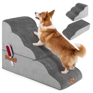 Costway 2-in-1 Pet Ramp 5 Steps Foam Dog Stairs W/lint Roller Grey
