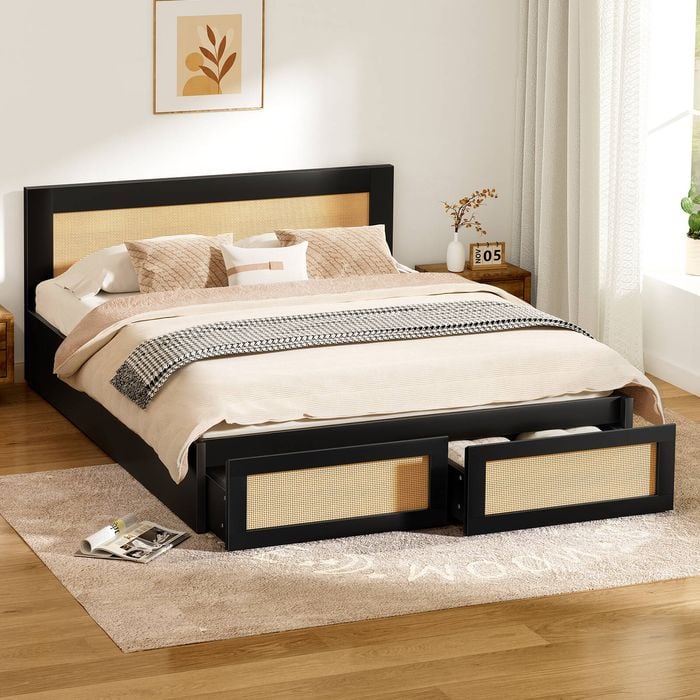 Alfordson Wooden Bed Frame Queen With Drawers Black