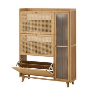 Oikiture Bamboo Shoe Storage Cabinet 3 Compartments Rack Single Door Natural