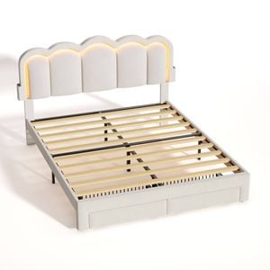Ufurniture LED Velvet Upholstered Bed Frame with Adjustable Headboard and Charging Station Double Beige