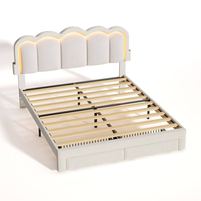 Ufurniture LED Velvet Upholstered Bed Frame with Adjustable Headboard and Charging Station Double Beige