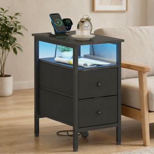 Ufurniture Side Table w/ Charging Station Narrow LED Bedside End Table w/ Storage Drawer & Shelf Black