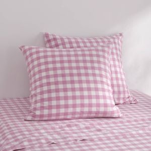 Dreamaker Lola Washed Cotton Yarn Dyed Gingham Euro Pillowcase Pearl Pink Twin Pack