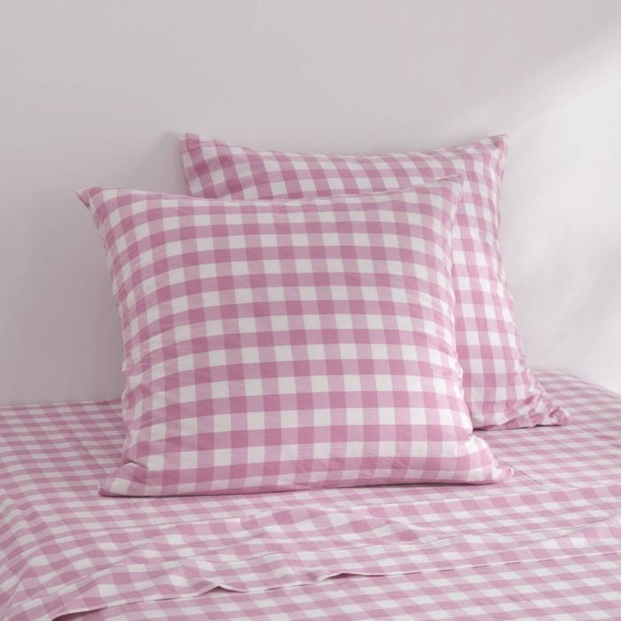 Dreamaker Lola Washed Cotton Yarn Dyed Gingham Euro Pillowcase Pearl Pink Twin Pack