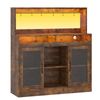 Ufurniture Wine Bar Cabinet with LED Lights & Power Outlet Wine Rack Glass Holder 2 Door for Home Dining Room, Rustic Brown