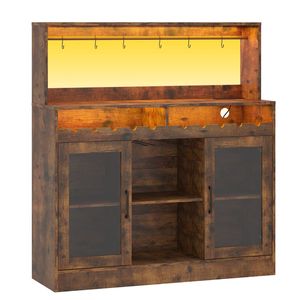 Ufurniture Wine Bar Cabinet with LED Lights & Power Outlet Wine Rack Glass Holder 2 Door for Home Dining Room, Rustic Brown