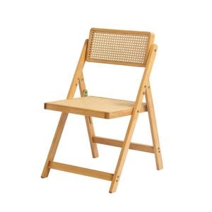 Lauft 1x Foldable Bamboo Wooden Natural Chair W/ Rattan Seat & Backrest