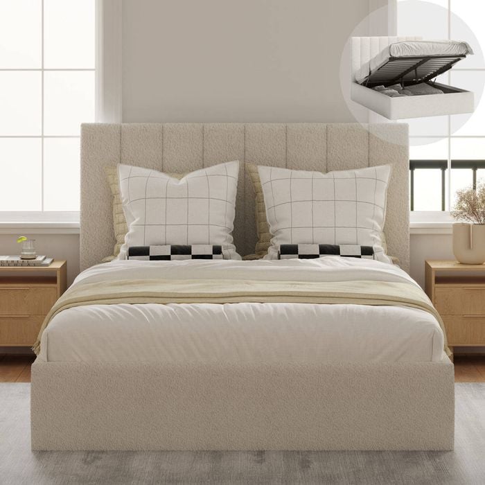 Celine King Ivory White Boucle Gas Lift Storage Bed Frame